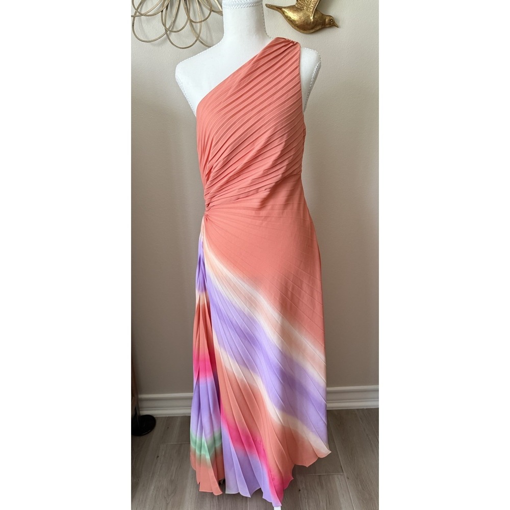Nicole Miller One Shoulder Pleated Ombre Maxi Dress Wedding Guest Size 10